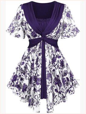 Plus Size Crochet Floral Print Pleated Twist Blouse Flutter Sleeve Top